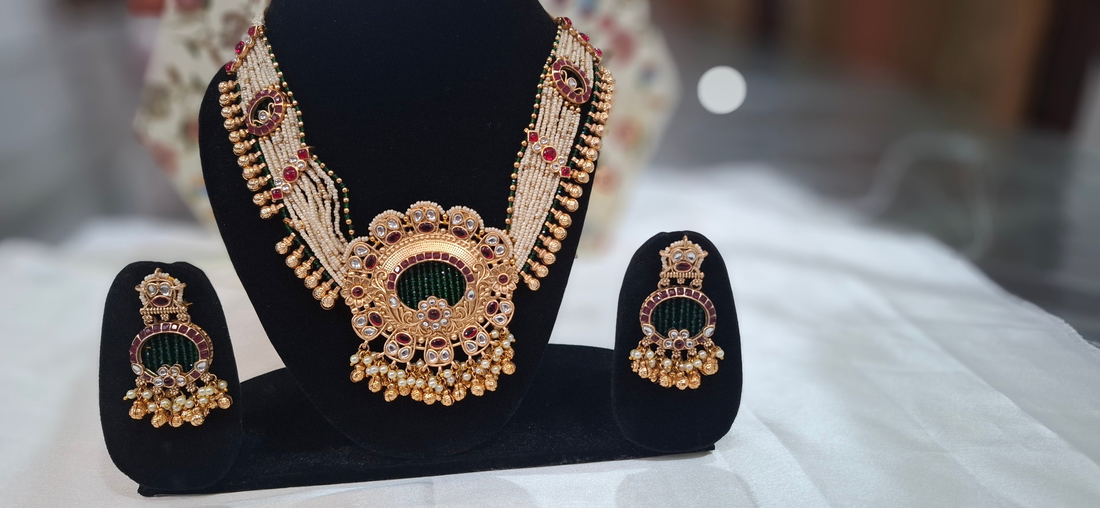 Multi-Layered Seed Pearl Statement Necklace Set with Kundan Detailing