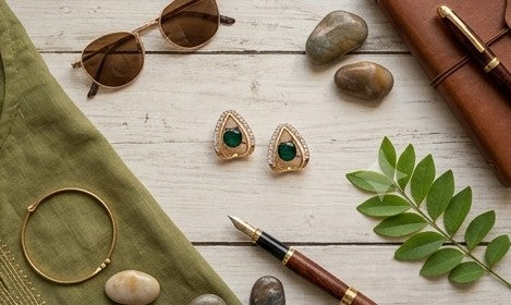 Emerald Geometric Pavé Stud Earrings