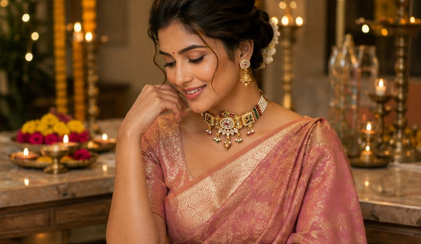 Traditional Kundan & Pearl Beaded Choker Set with Matching Jhumkas