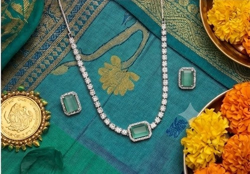 Rhodium-Plated Teal Necklace & Earring Set