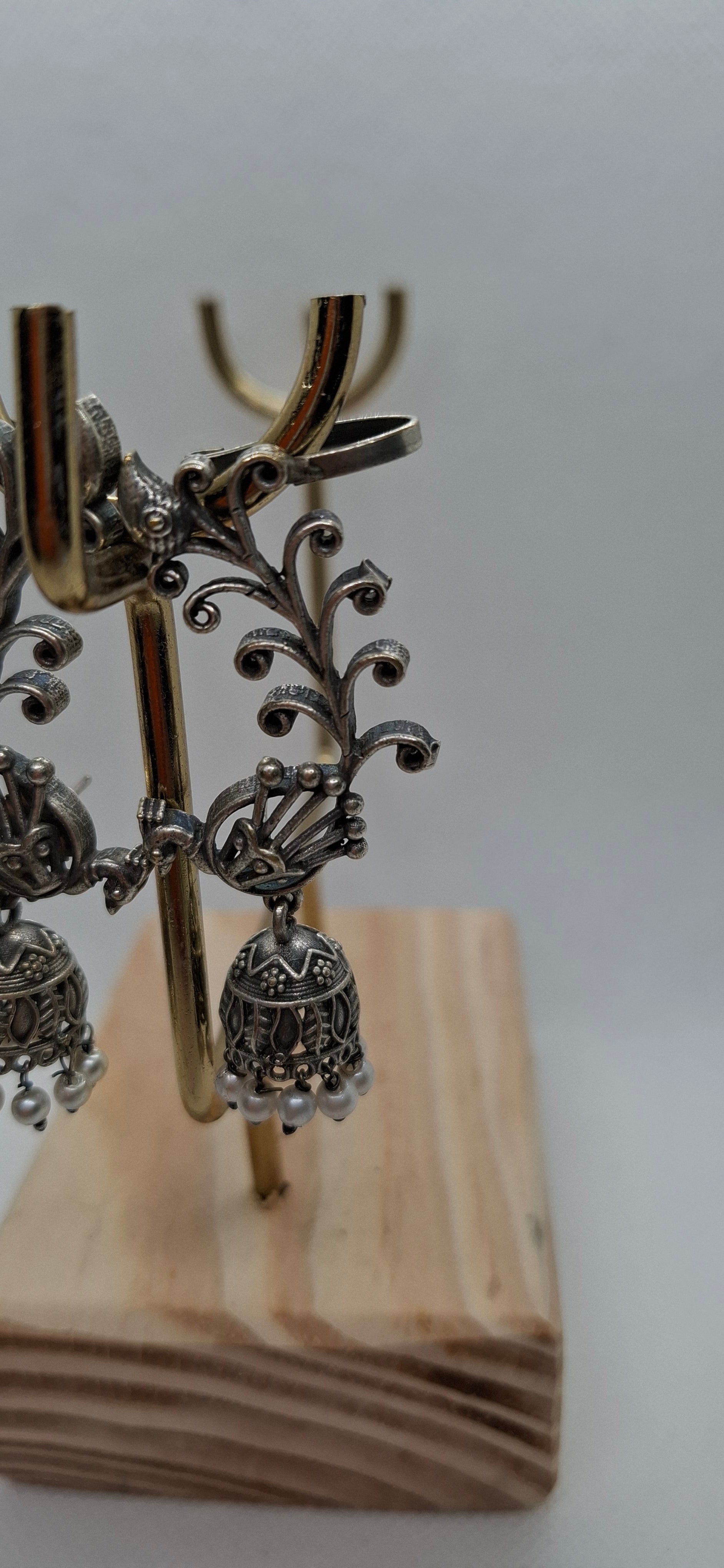 Oxidized Silver Peacock Motif Ear Cuff with Dangling Jhumka