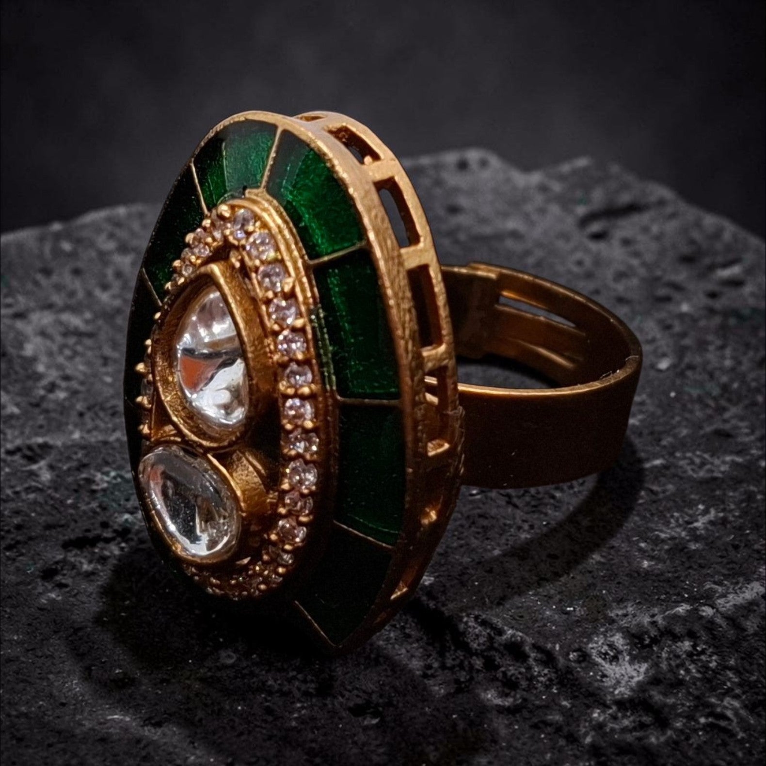 Emerald Green Enamel & Kundan Statement Ring