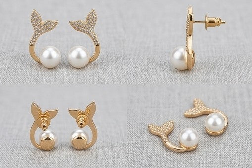 Crystal Mermaid Tail & Pearl Drop Earrings