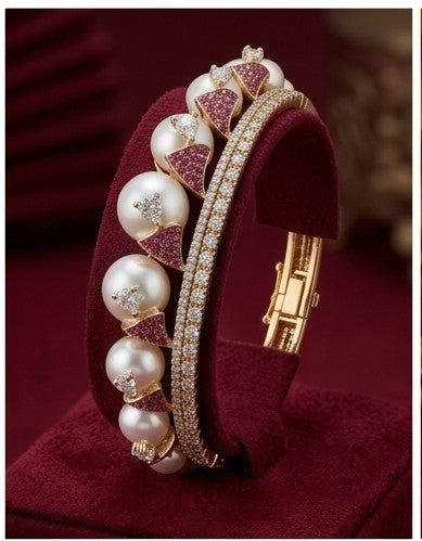 Royal Pearl & Pink Stone Gold-Plated Bangle