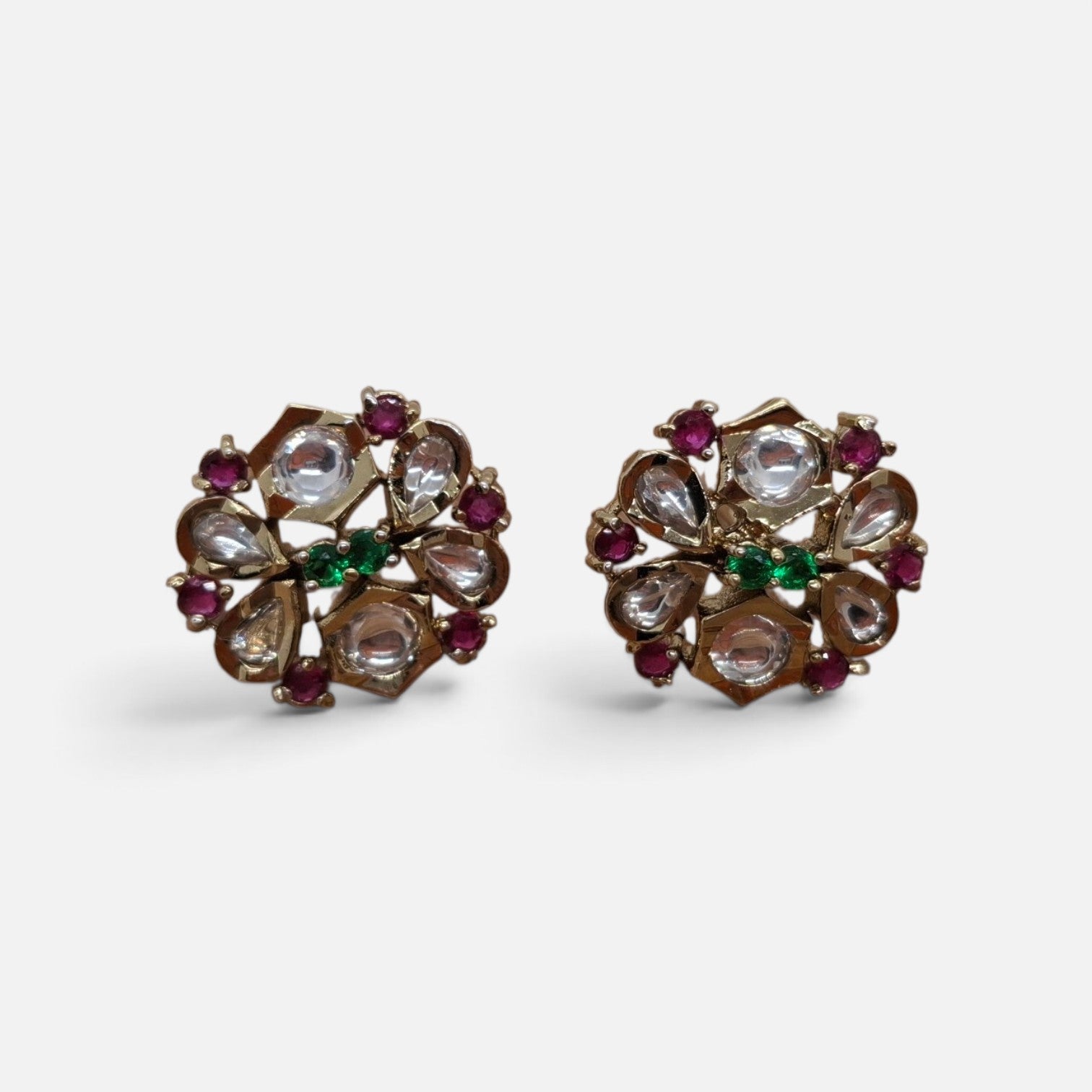 Handcrafted Kundan Floral Studs in Gold Tone with Ruby & Emerald Highlights