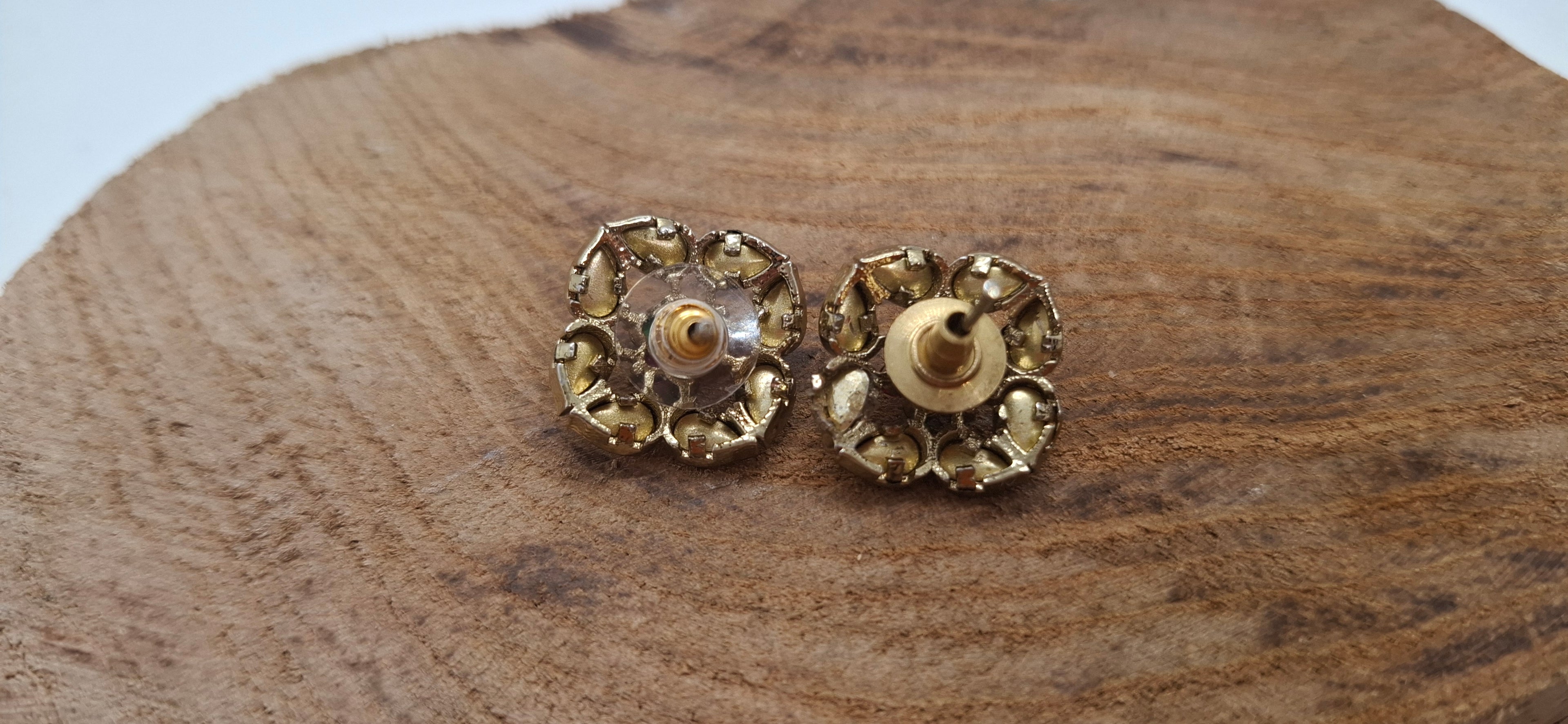 Handcrafted Kundan Polki Square Stud Earrings with Emerald and Ruby Stones