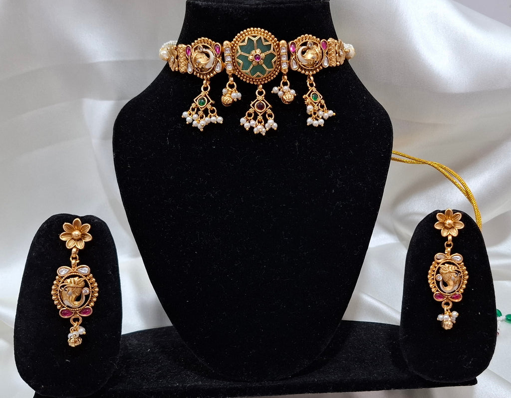 Antique Gold Plated Choker Set with Turquoise Meenakari & Pearl Droplets
