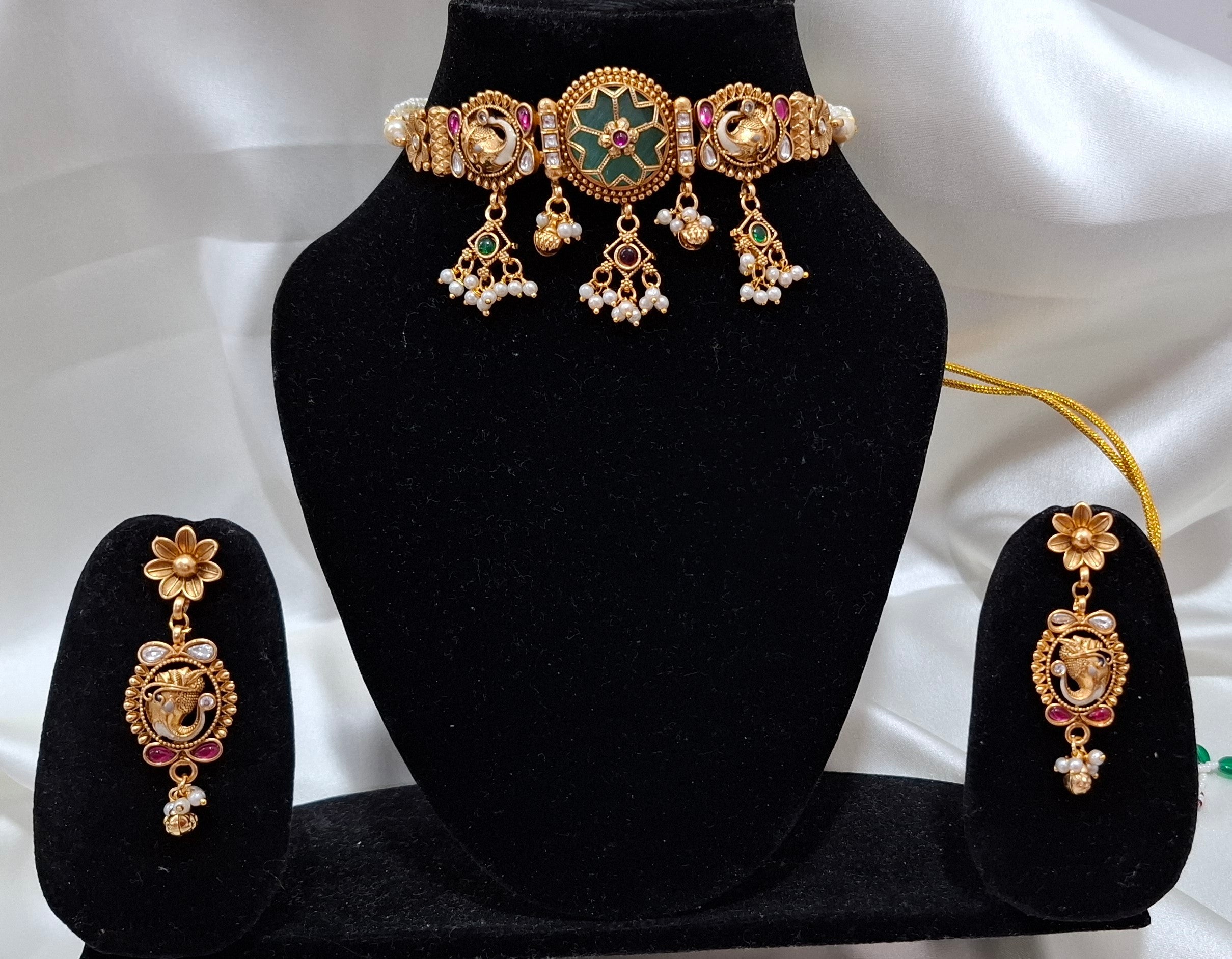 Antique Gold Plated Choker Set with Turquoise Meenakari & Pearl Droplets