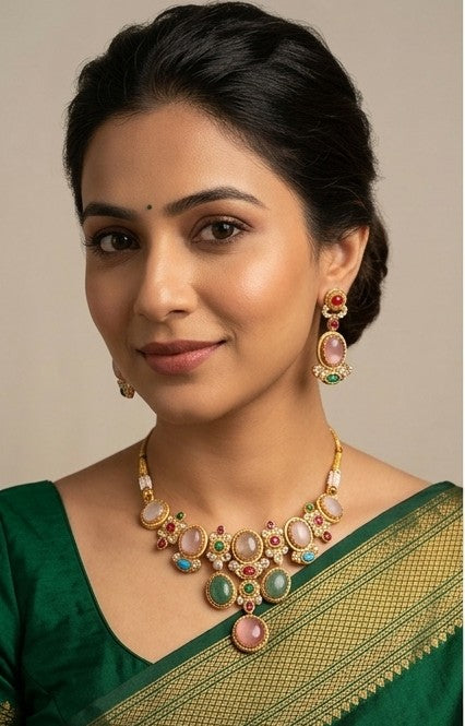 Royal Heritage Rose & Emerald Tone Traditional Necklace Set
