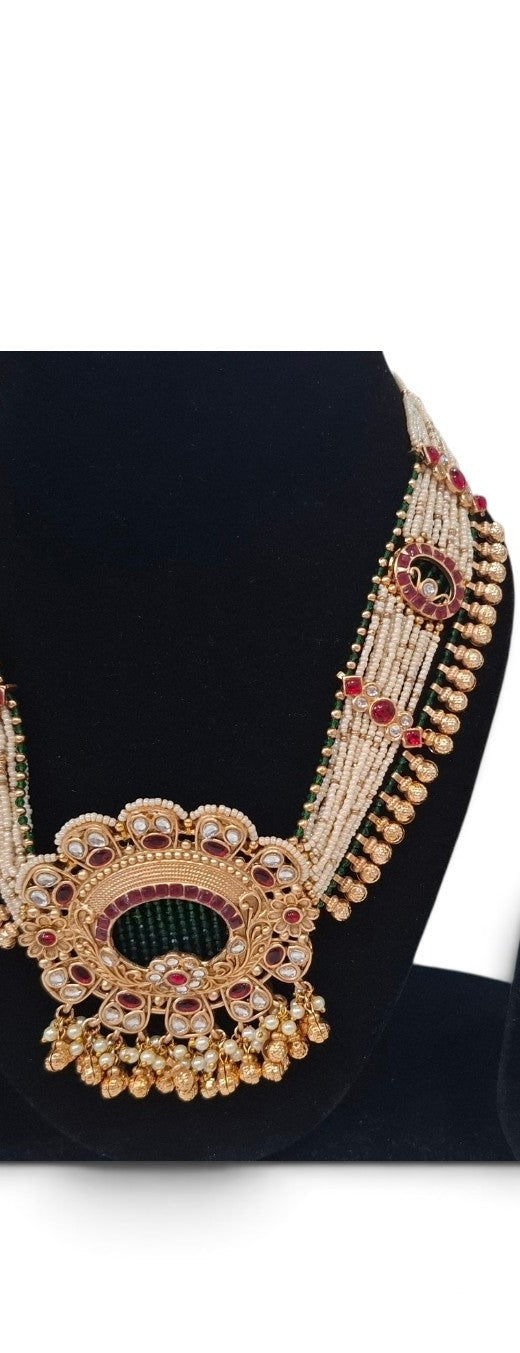 Multi-Layered Seed Pearl Statement Necklace Set with Kundan Detailing