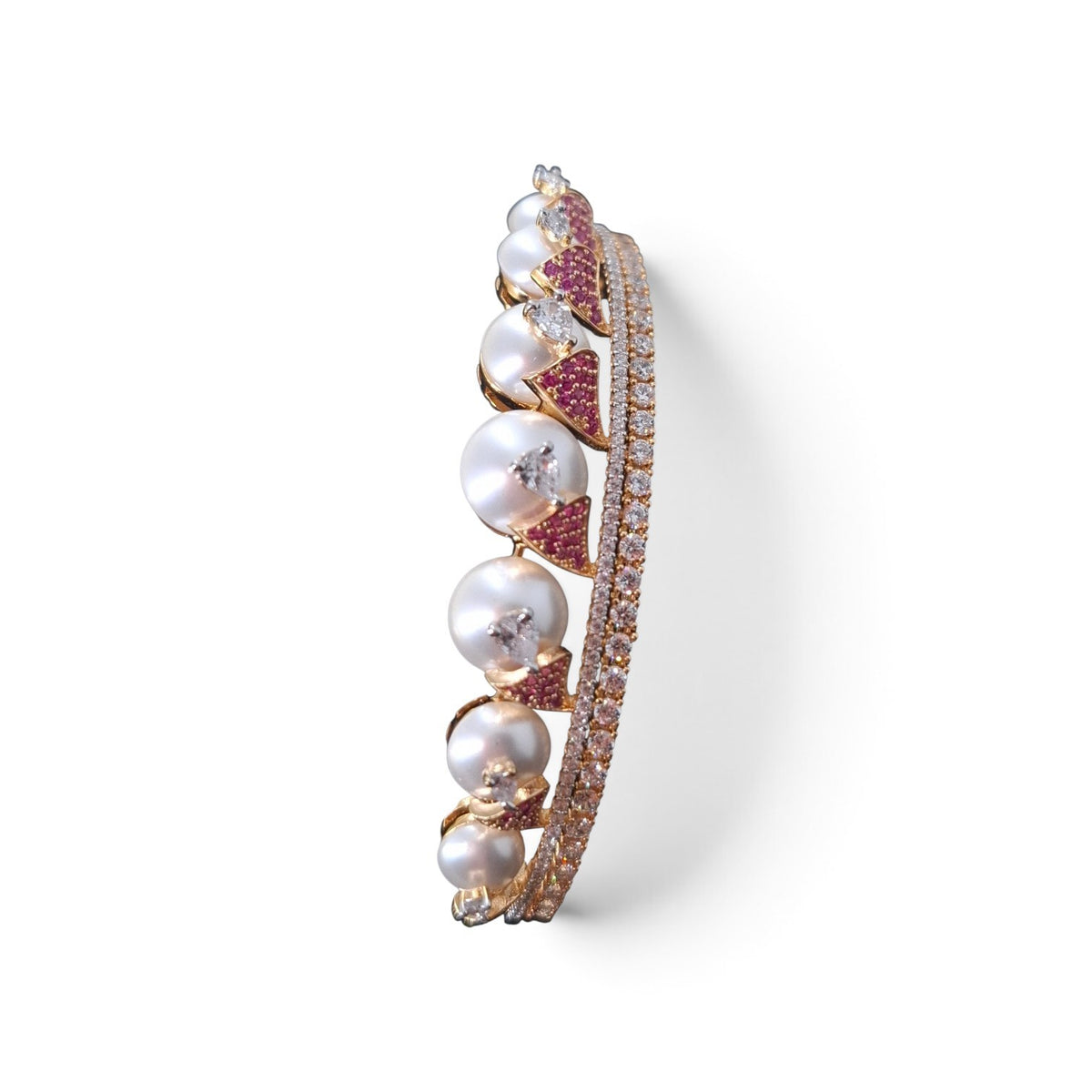 Royal Pearl & Pink Stone Gold-Plated Bangle