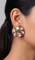 Handcrafted Kundan Floral Studs in Gold Tone with Ruby & Emerald Highlights