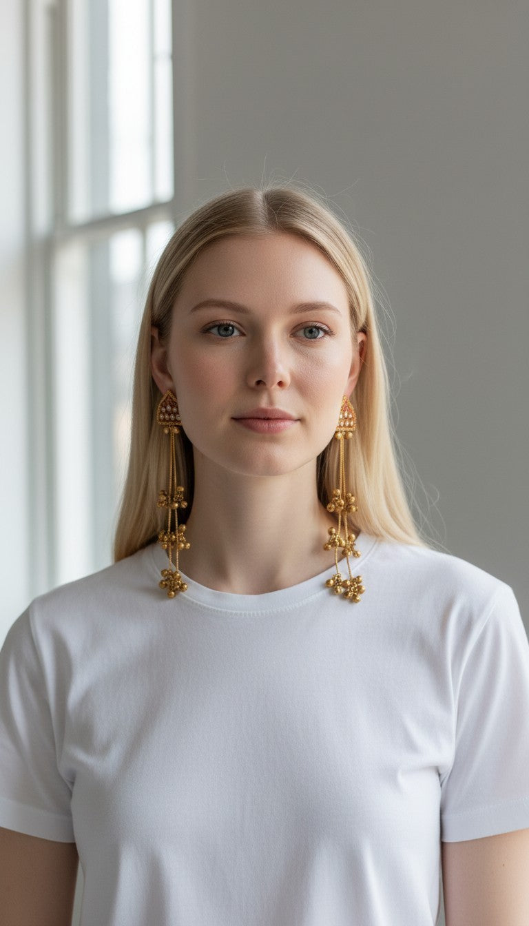Antique Gold Kundan & Ghungroo Tiered Long Drop Earrings