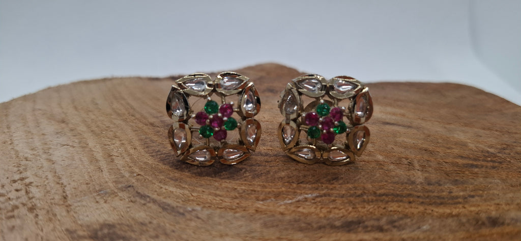 Handcrafted Kundan Polki Square Stud Earrings with Emerald and Ruby Stones