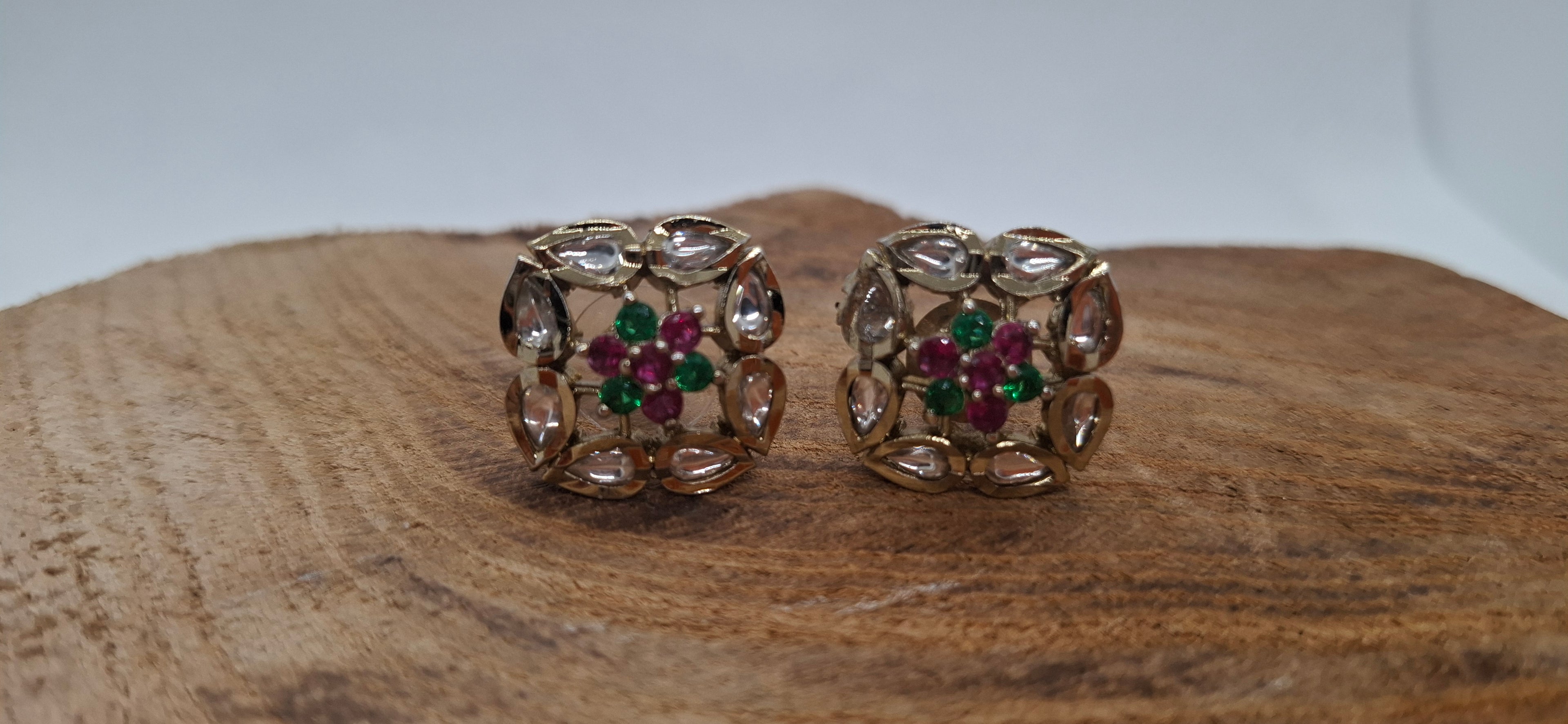Handcrafted Kundan Polki Square Stud Earrings with Emerald and Ruby Stones