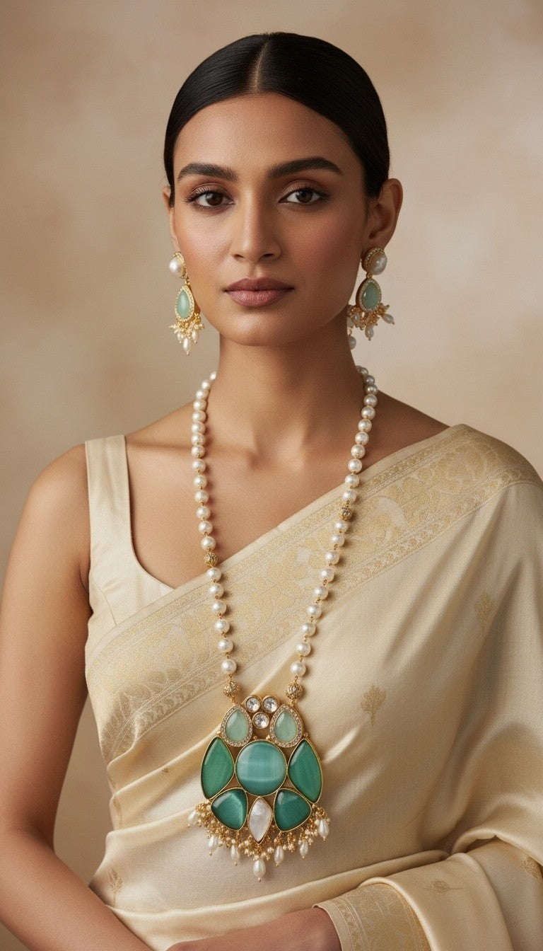 Royal Mint & Mother of Pearl Stone Statement Necklace Set with Matching Earrings