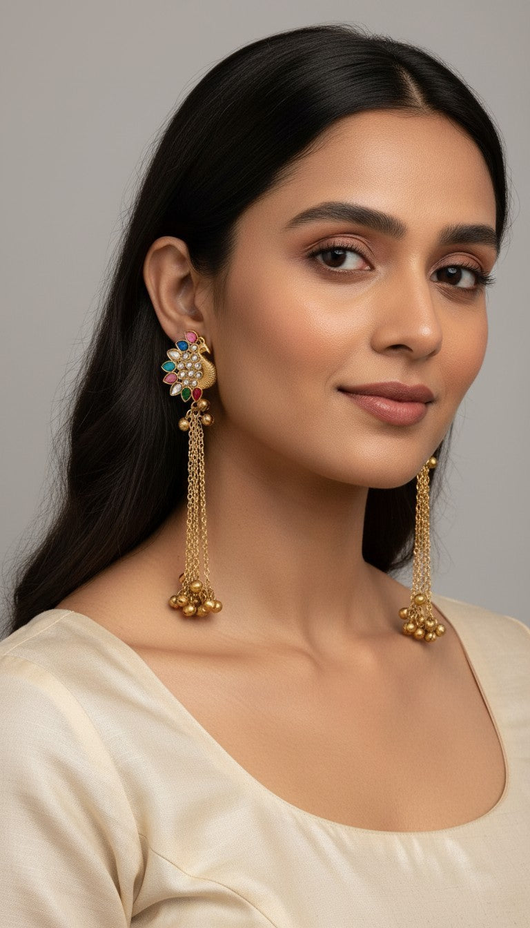 Traditional Peacock Drop / Shoulder-Duster Earrings (Kundan & Ghungroo Danglers)