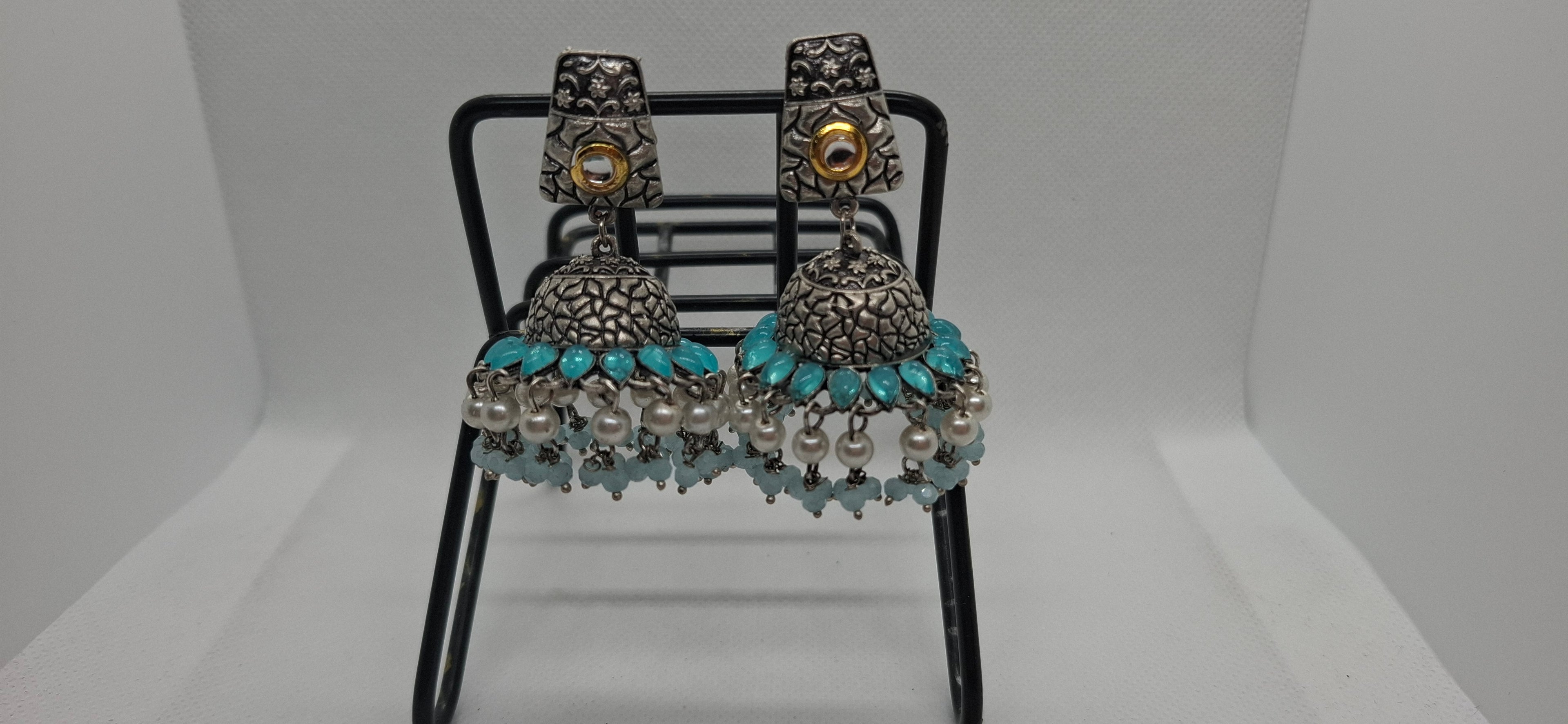 Blue Oxidised jhumkas