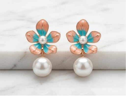 Coral & Teal Enamel Floral Pearl Drop Earrings