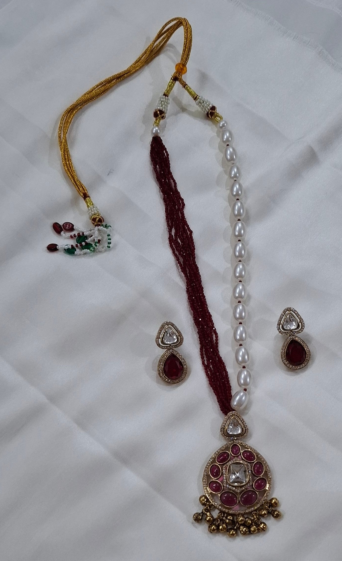 Dual-Chain Maroon & Pearl Kundan Necklace Set