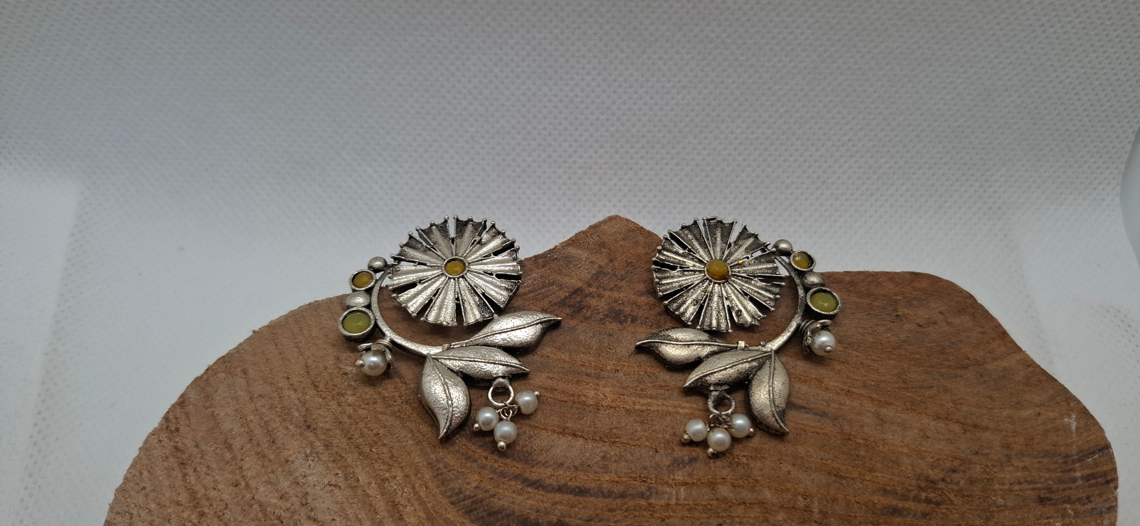 Vintage Oxidized Floral Bloom Earrings with Pearl Drop Accents