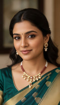 Traditional Indian Jadau Kundan  Necklace with Ruby-Red Accents & Matching Earrings