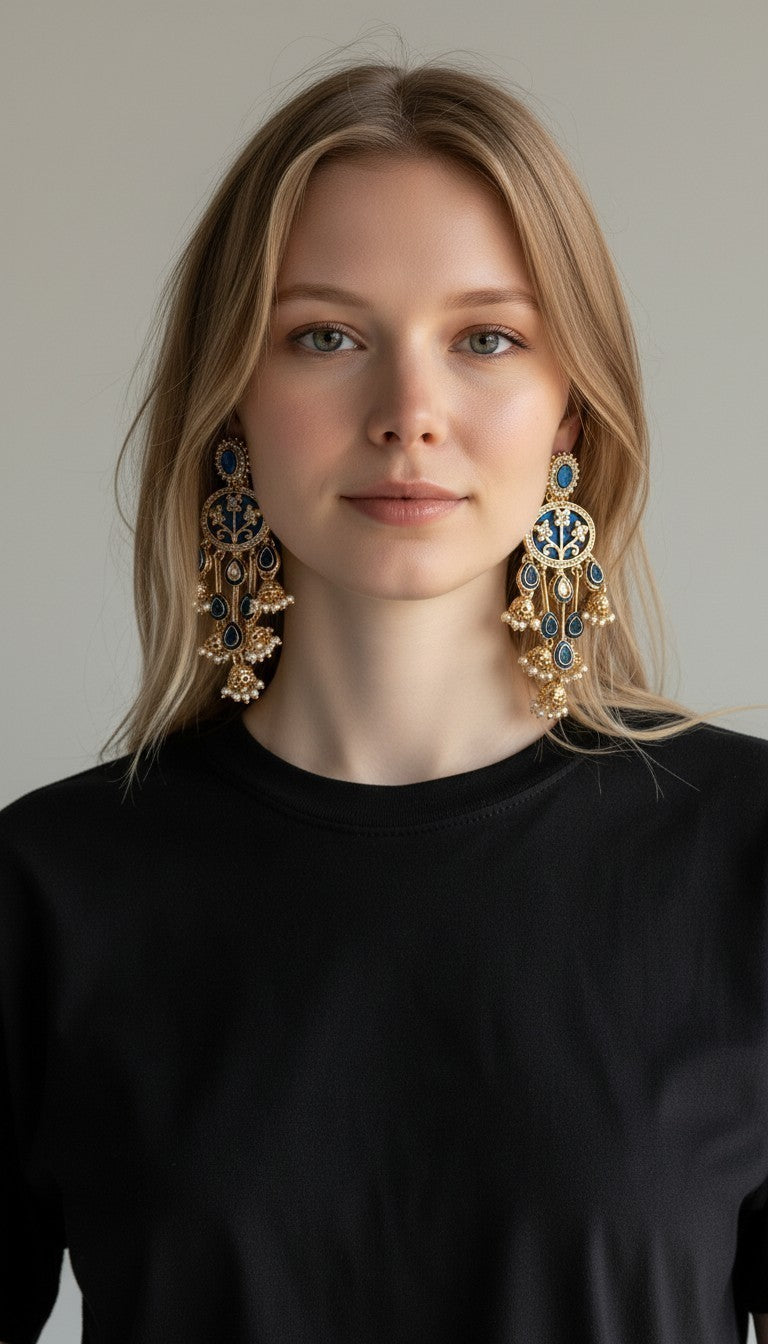Gold-Toned Blue Enamel Handcrafted Floral Jhumka Earrings with Kundan & Pearl Accents