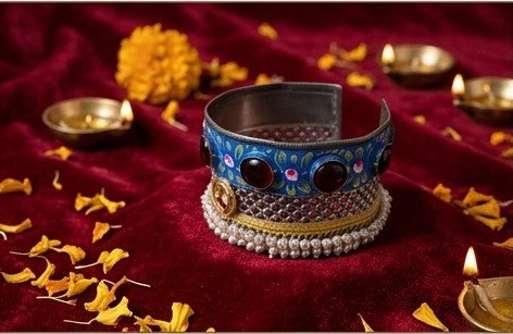 Vibrant Blue Meenakari & Pearl Oxidized Statement Cuff