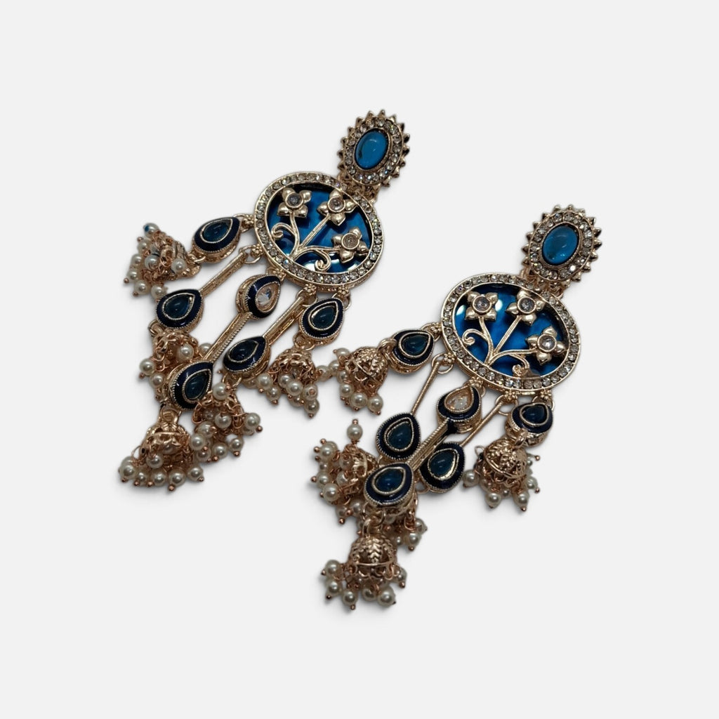 Gold-Toned Blue Enamel Handcrafted Floral Jhumka Earrings with Kundan & Pearl Accents