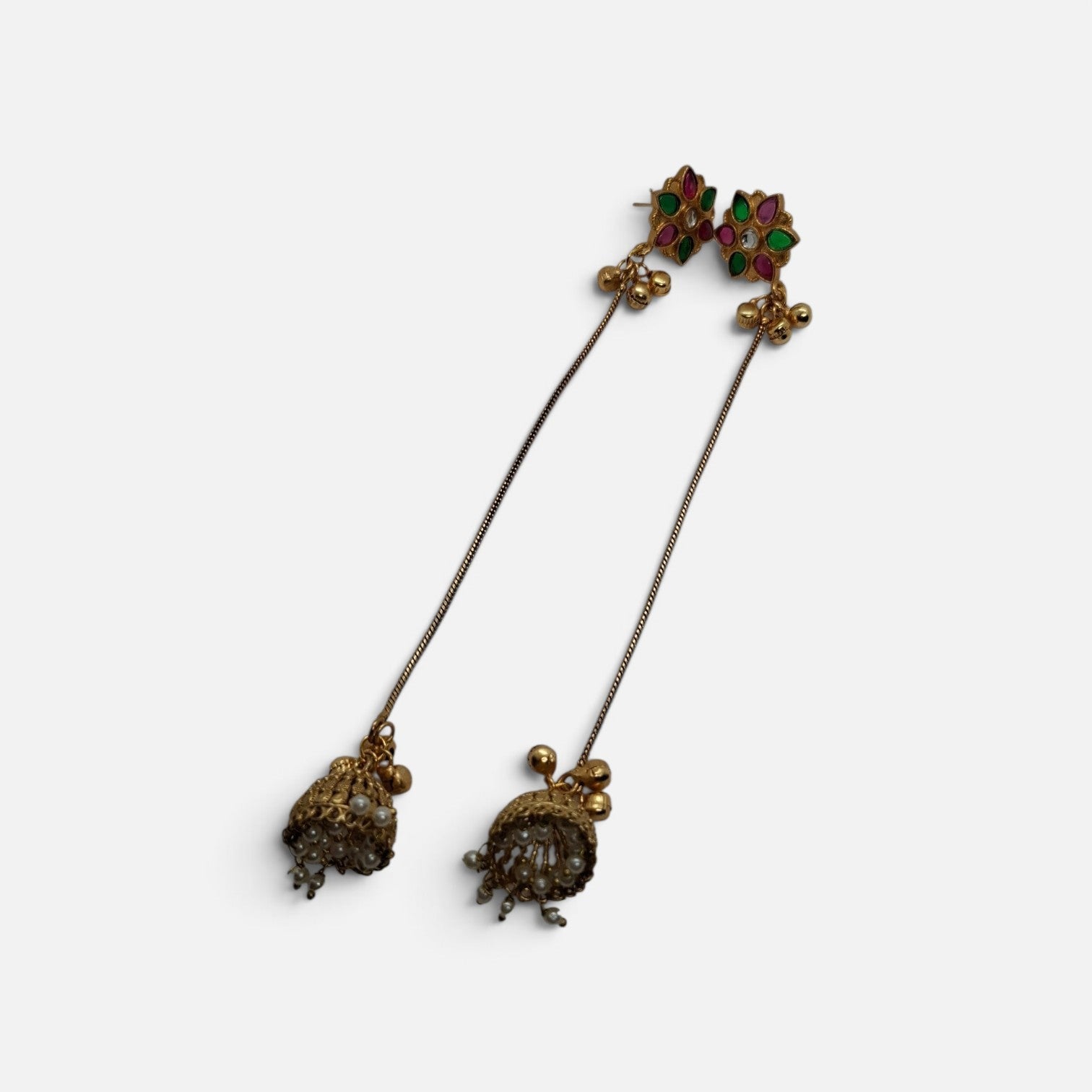 Gold-Toned Floral Stud & Chain-Drop Jhumka Earrings