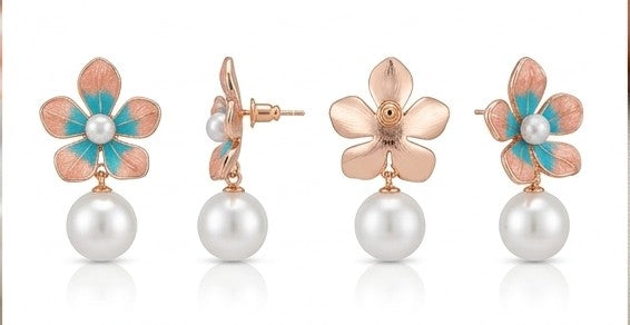 Coral & Teal Enamel Floral Pearl Drop Earrings