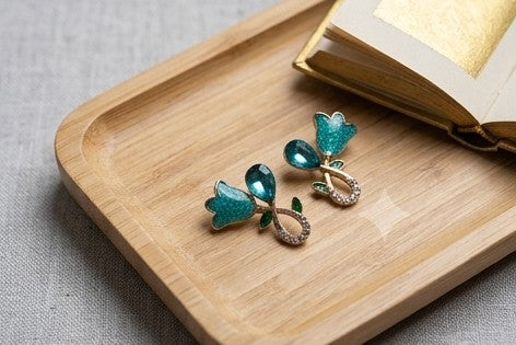 Teal Blossom Enamel & Crystal Earrings