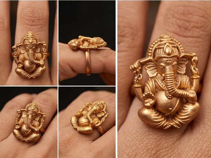 Antique Gold-Tone Lord Ganesha Temple Ring - Adjustable