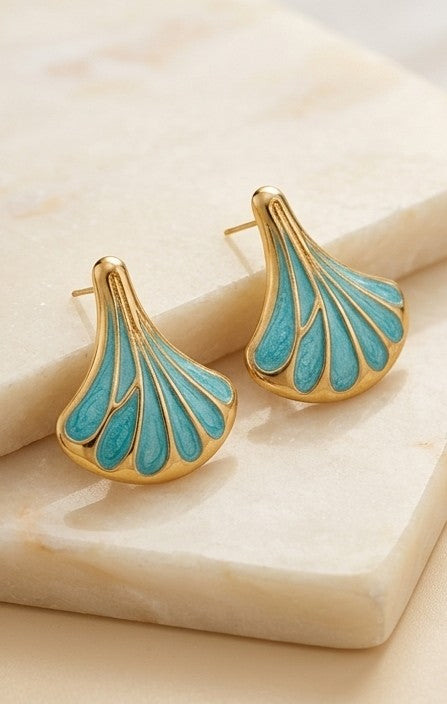 Art Deco Teal Enamel Fan Earrings