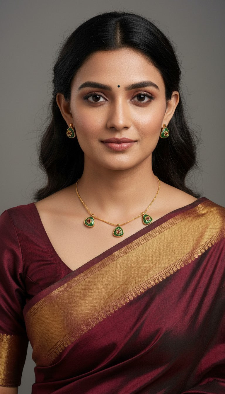 Delicate Green Teardrop & Floral Motif Choker Set with Matching Studs
