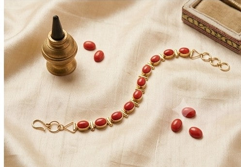 Classic Red Oval Coral Stone Link Bracelet