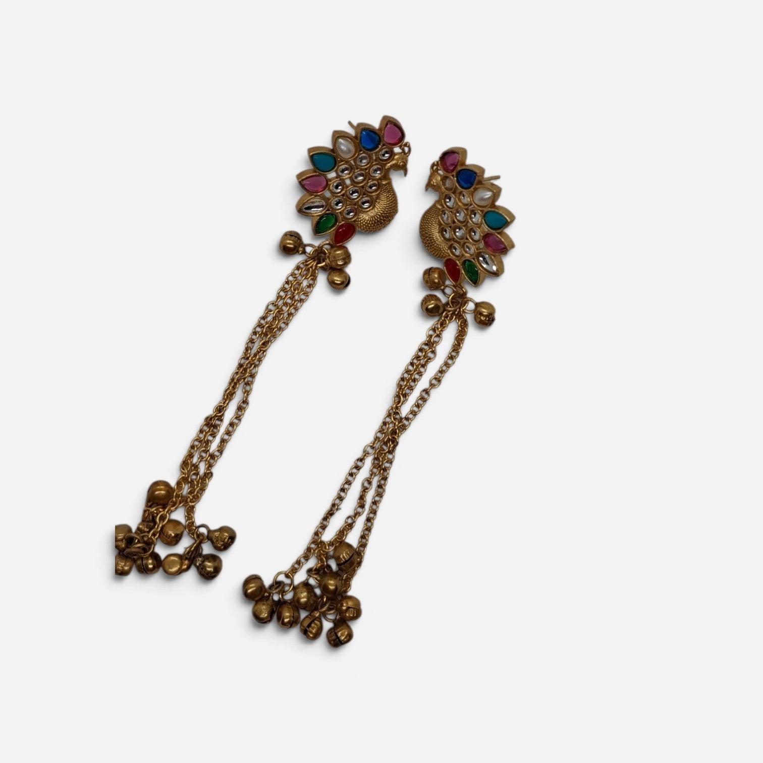 Traditional Peacock Drop / Shoulder-Duster Earrings (Kundan & Ghungroo Danglers)