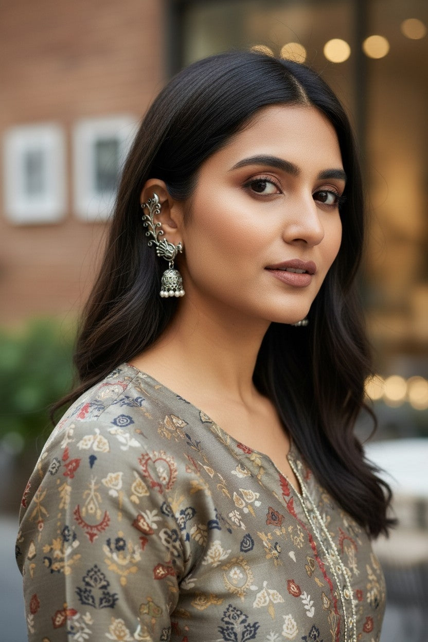 Oxidized Silver Peacock Motif Ear Cuff with Dangling Jhumka
