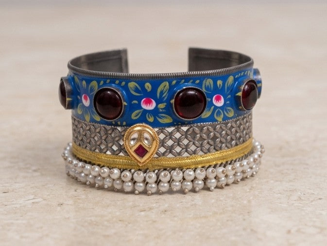 Vibrant Blue Meenakari & Pearl Oxidized Statement Cuff