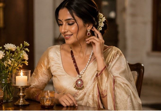 Dual-Chain Maroon & Pearl Kundan Necklace Set