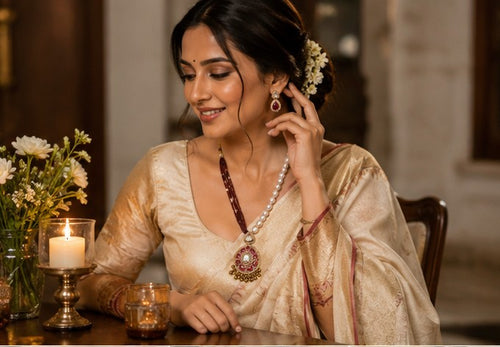 Dual-Chain Maroon & Pearl Kundan Necklace Set