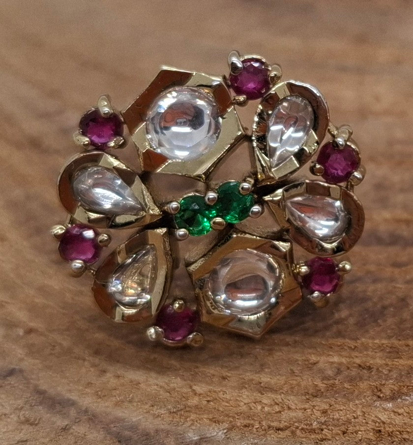 Handcrafted Kundan Floral Studs in Gold Tone with Ruby & Emerald Highlights