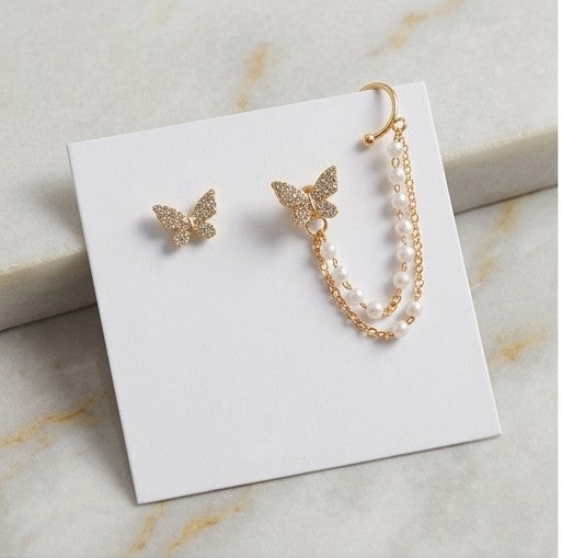 Asymmetrical Crystal Butterfly & Cascading Pearl Ear Cuff Earrings