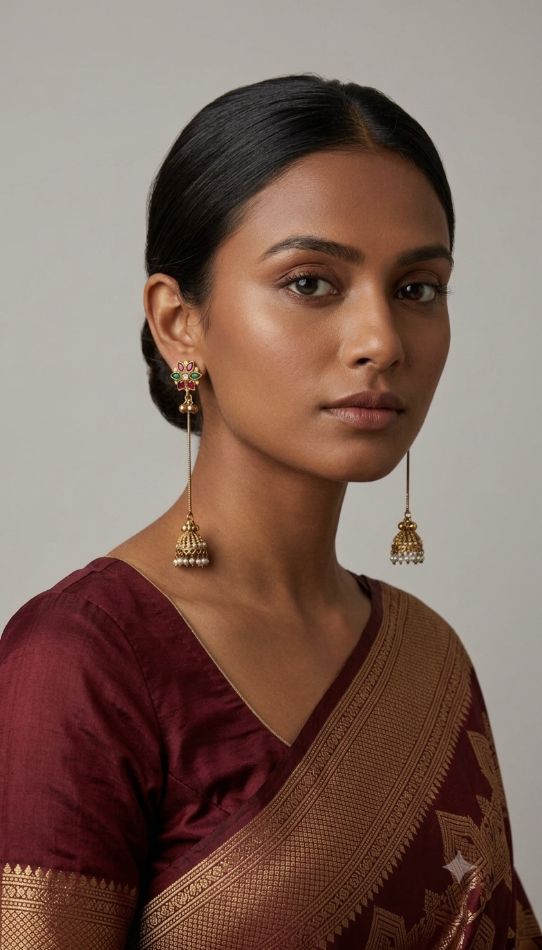 Gold-Toned Floral Stud & Chain-Drop Jhumka Earrings
