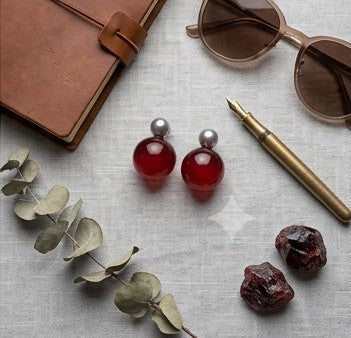 Glossy Garnet & Silver Double-Sphere Studs