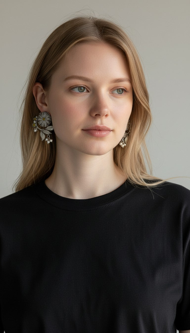 Vintage Oxidized Floral Bloom Earrings with Pearl Drop Accents