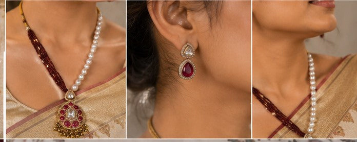 Dual-Chain Maroon & Pearl Kundan Necklace Set
