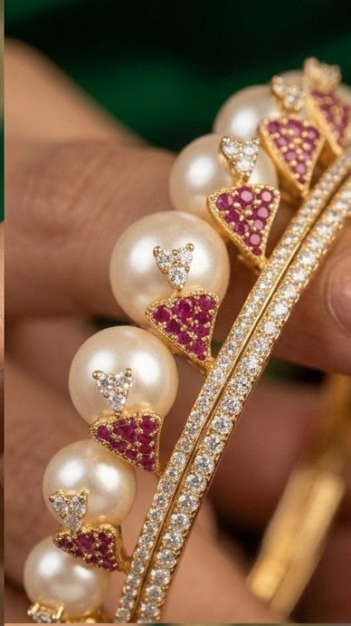 Royal Pearl & Pink Stone Gold-Plated Bangle
