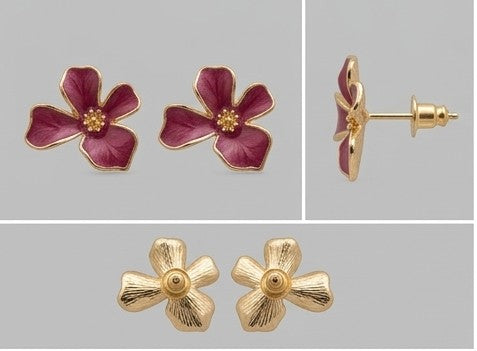 Deep Magenta Enamel Flower Stud Earrings with Polished Gold Trim - Plum Blossom Inspired