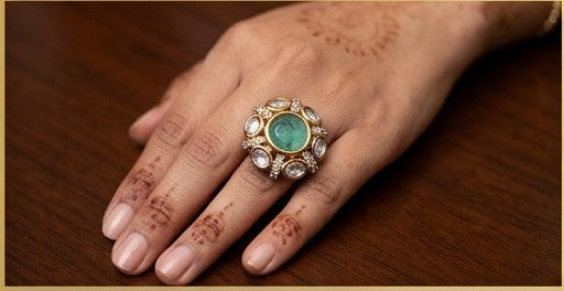Emerald Green Stone and Kundan Statement Ring